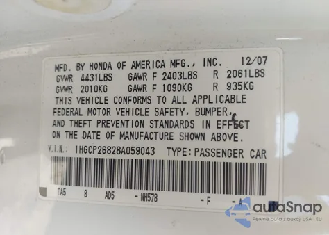 2008 Honda Accord 2.4 Ex-L from USA, damaged, VIN 1HGCP26828A059043